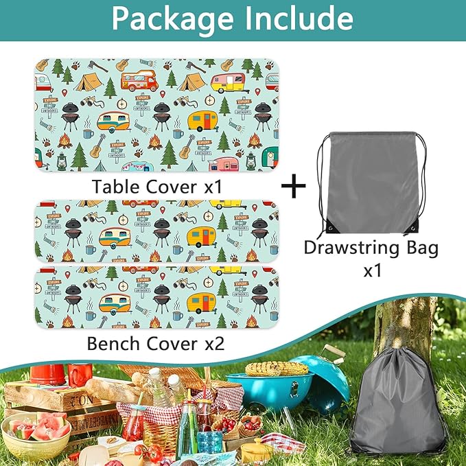 Camping Picnic Table Cover with Bench Covers and Bag, Camping Essentials, Waterproof Windproof Fabric, Fitted Tablecloth Cover with Elastic Edge, for Indoor & Outdoor, Garden, 3 PCS, 30x72 Inch