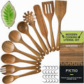 Wooden Utensil Set 11 Pcs - Natural Non-Toxic Acacia Wooden Spoons for Cooking, Nonstick, Sturdy, Easy to Clean, Wood Kitchen Utensils Set with Ceramic Spoon Rest & 10 Hooks, Ideal for Gifting