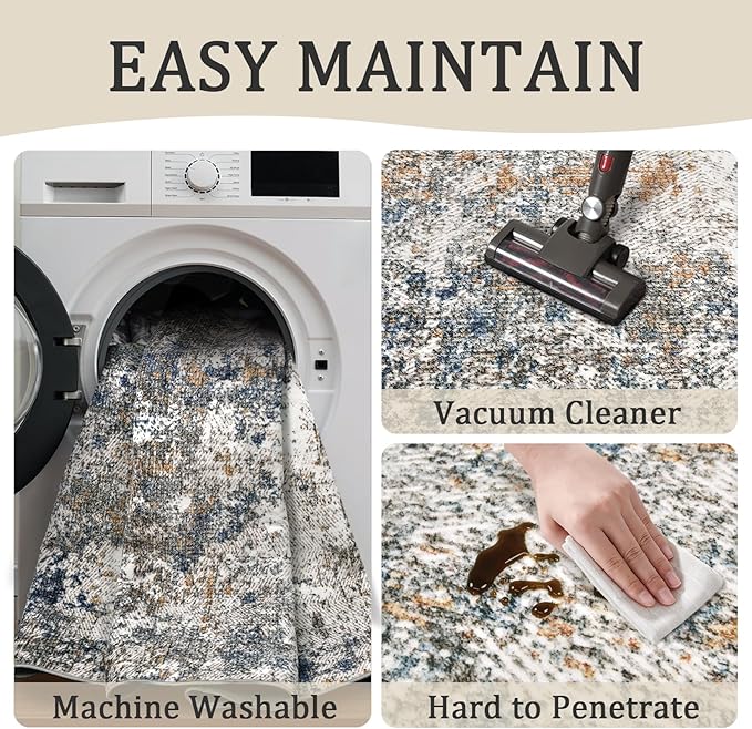 3x5 Machine Washable Area Rug for Entryway, Multicolor Modern Vintage Abstract Rug Non-Slip Low Pile Soft Faux Wool Small Carpet, Kids and Pets Friendly for Bedroom Kitchen Hallway Home Decor Rug