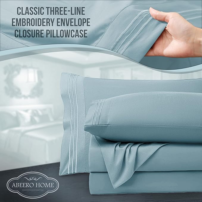 Full Size Bed Sheets Cooling - Luxury Hotel Sheet Set - Soft Sheet with Elastic Corner Strap - Deep Pocket Microfiber Bedsheet - Bedding Sheet & Pillowcases - 4 PC (Full Size, Light Blue)