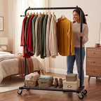 Sywhitta Clothing Rack on Wheels with Mesh Storage Shelf & Sturdy Metal Frame, Rolling Garment Rack for Hanging Clothes, Coats, Skirts, 39.76" L x 16" W x 64.56" H,Black