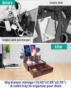 Nightstand Organizer with Drawer Built in 4 USB Charger, Wood Phone Docking Station with Dual Phone Charging Station for Apple Android Phones Anniversary Birthday Gifts for Men Dad Hunsband Mom