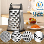 Professional Cheese Grater - Stainless Steel, XL Size, 4 Sides - Perfect Box Grater for Parmesan Cheese, Vegetables, Ginger - Dishwasher Safe - Black
