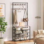 HOOBRO Hall Tree, Coat Rack with Shoe Rack, Hall Tree with Bench, 5 Tier Shoe Storage Organizer with 9 Hooks for Entryway, Closet, Sturdy, Industrial, Greige and Black BG80MT01G2