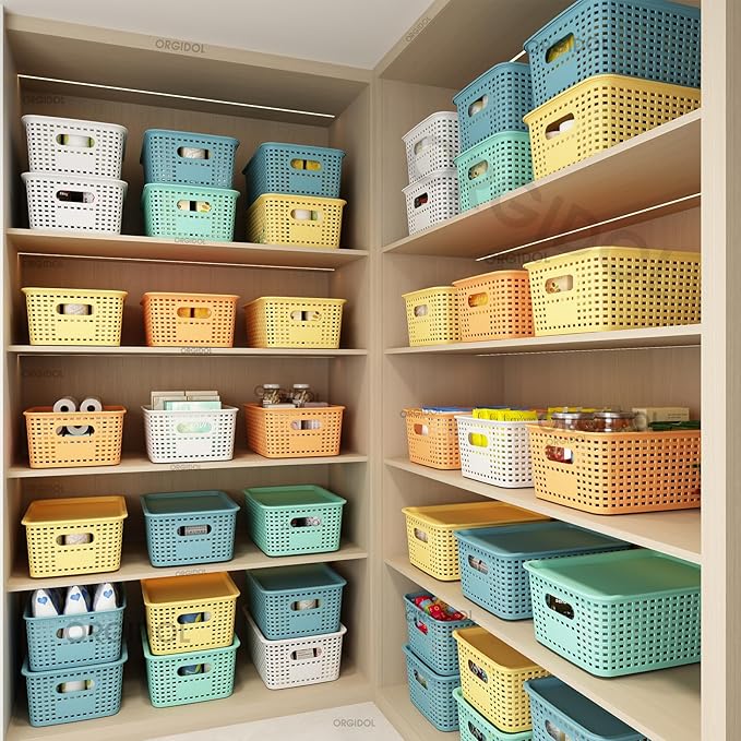 ORGIDOL Plastic Storage Basket with Lids 10 Pack Stackable Colorful Storage Bins Containers with Lid, Decorative Storage Boxes for Organizing Shelves, Drawers, Playroom, Classroom, Office, Closet