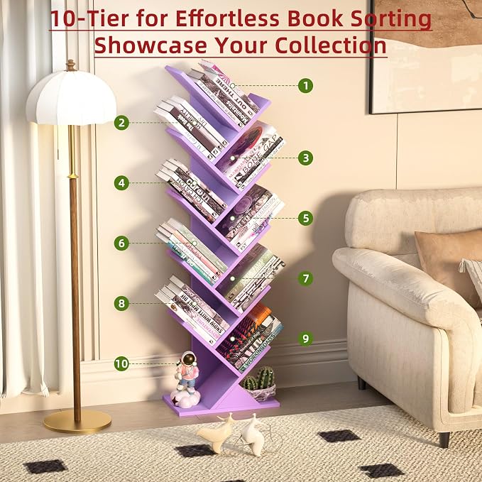10 Tier Tree Book Shelf, Floor Standing Wood Bookshelf