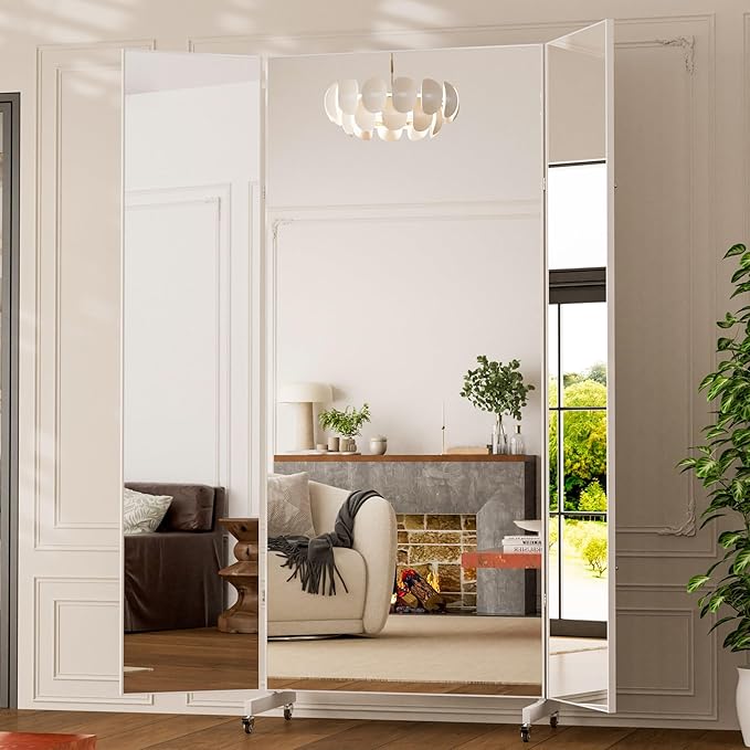 brisafe Full Length Mirror with 360° Wheels, 95"x79" Foldable Floor Mirror with Nano-Tech Shatterproof Film - Ultra-Large Mobile Mirror for Home Gym, Dance Studio & Commercial Spaces （White