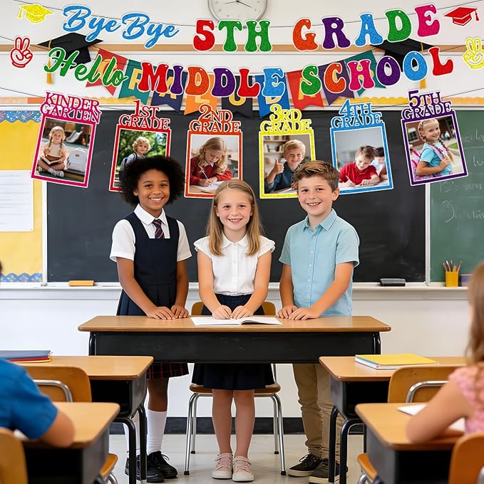 5th Grade Graduation Decorations - 3PCS Bye Bye 5th Grade Graduation Banners Photo Banner Decor, Colorful Primary Elementary School Congrats Grad Party Supplies (No-DIY)
