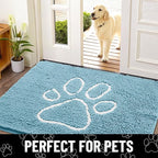 Smiry Dog Door Mat for Muddy Paws, Absorbent Dirt Trapper Non Slip Quick Dry Washable Chenille Mat for Mud Dogs, Entry Rug for Indoor and Outdoor (59x35 Inches, Sky Blue and White)