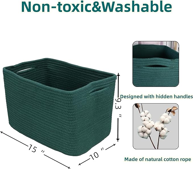 Cotton Rope storage Basket Bins15X10X9.3“ Basket for Organizing Shelves Rectangle Decorative Baskets For storage Clothes Toys Books Towels Square Wicker Nursery basket organizer 3 pack Dark green