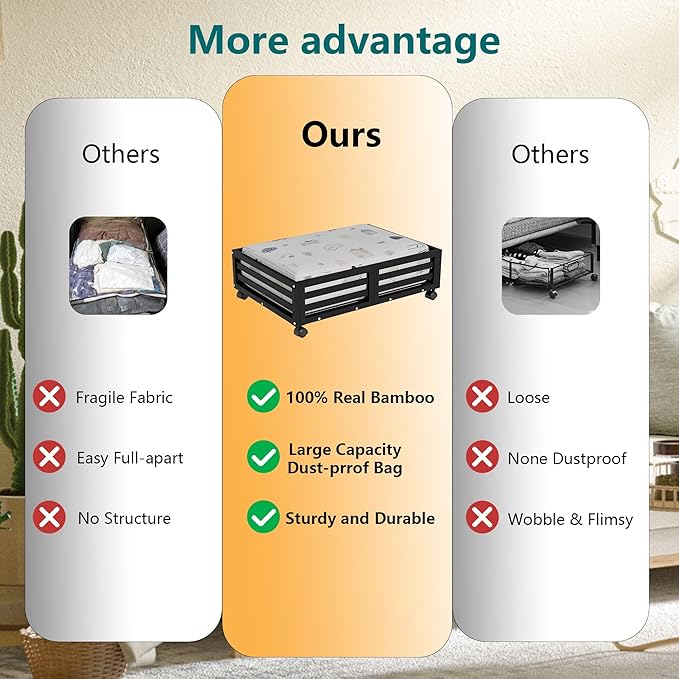 Bamboo Under Bed Storage Containers- Underbed Organizer with Wheels with Large Capacity Dust Bag,Sturdy Wood Rolling Under Bed Shoe Storage Organizer 2 Packs (Black, 2 Packs (23.62"×16.54"))