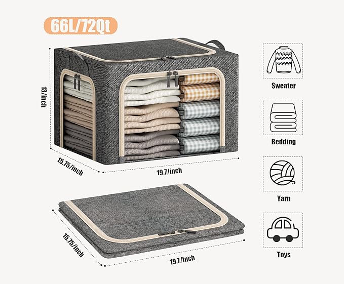 3 Opeings Large Clothes Storage Bins with Metal Frame, Foldable Storage Bin for Clothes, Clothing Storage Bins with Lid, Linen Storage Box With Clear Window＆ Zippers＆ Handles.(3 Pcs,Dark Grey,66L)