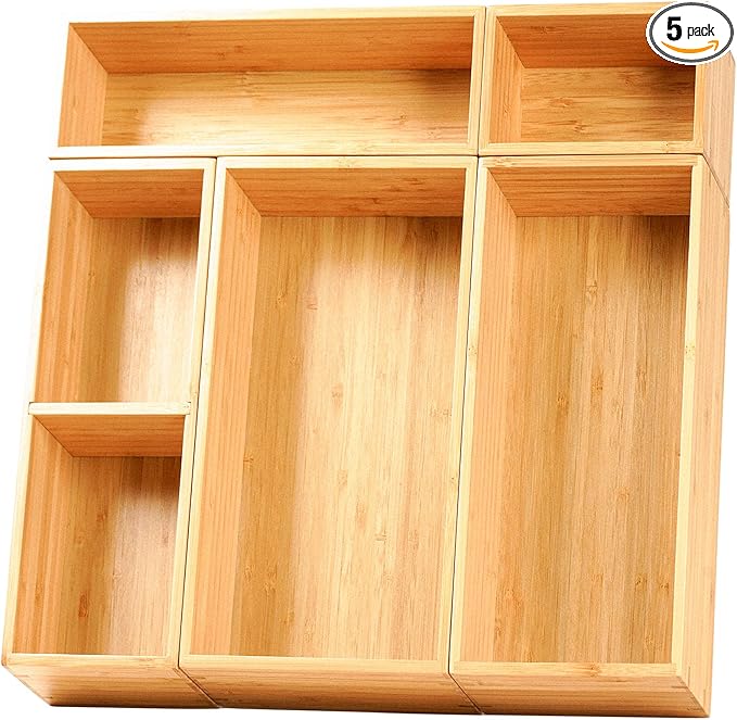 Umilife Drawer Organizer Storage Boxes, 2.5" High Bamboo Drawer Dividers, 5 Rearrangeable Bins for Kitchen, Office Desktop, Clothing, Makeup, vanity, Jewelry