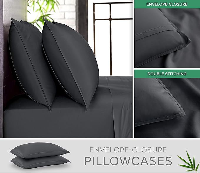 Pure Bamboo Twin XL Sheets, Genuine 100% Organic Viscose Derived from Bamboo Bed Sheet Set, Luxuriously Soft & Cooling, Double Stitching, 2 Year Quality Promise (Twin XL, Charcoal)