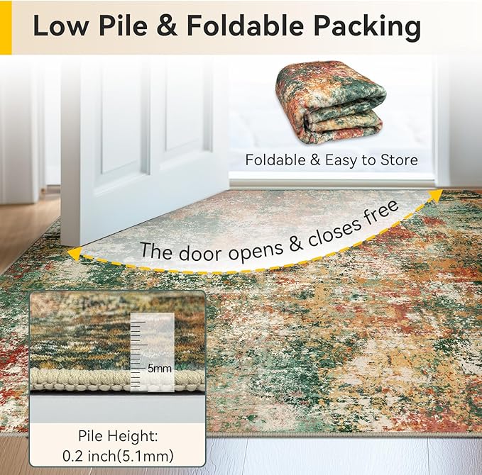 RELEANY Washable Area Rugs 6'x9' Non-Slip Modern Abstract Soft for Living Room Entryway Bedroom Nursery, Print Pattern, Green Orange Rust Red Cream Colorful