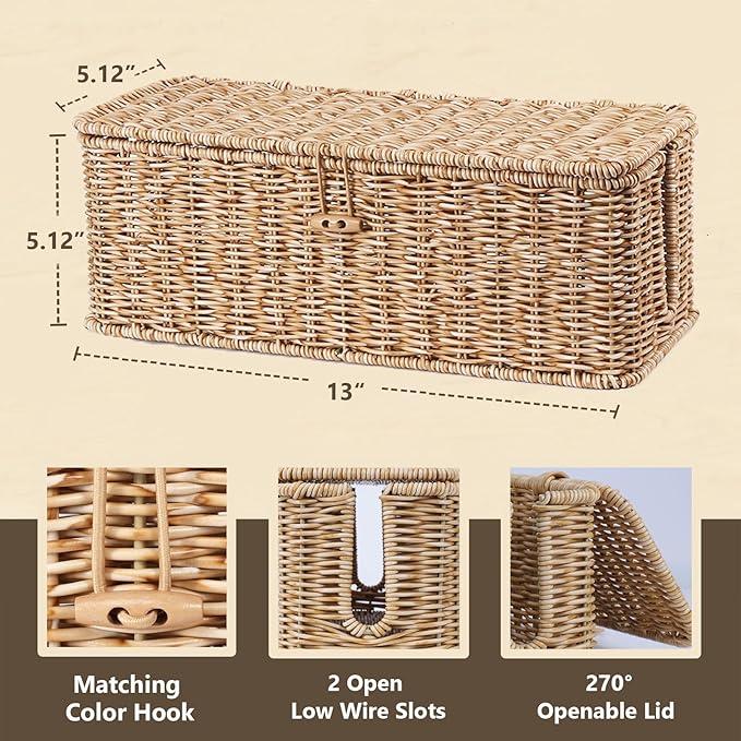 BROWNLILY Cable Management Box, Rattan Style Cord Organizer for Desk Cord Hider Outlet Covers Baby Proofing for Power Strip TV PC Router Charger Under Desk Storage - Natural Small