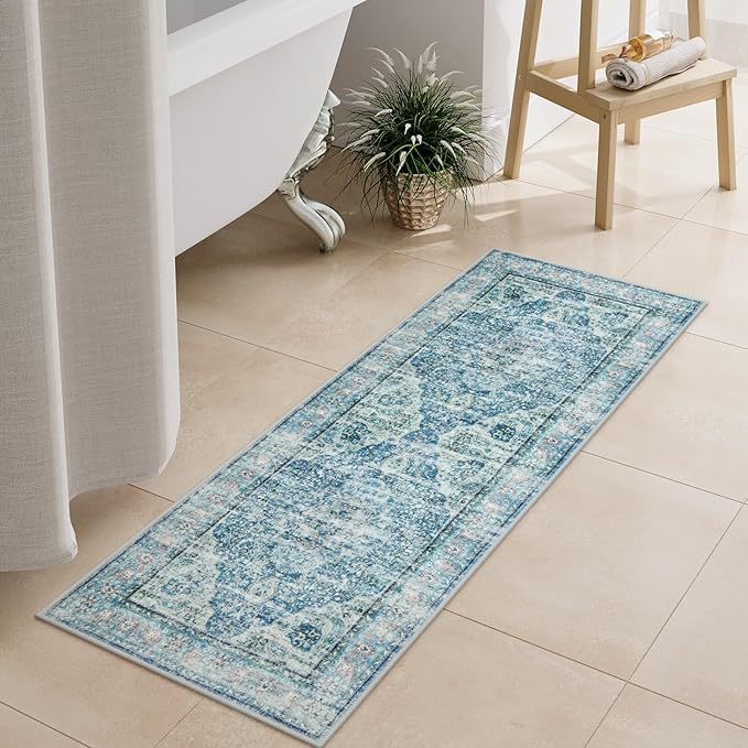 Uphome Bathroom Rugs Runner, Distressed Farmhouse Boho Light Blue Bath Mat, Non Slip Washable Long Bath Rugs, Vintage Traditonal Soft Velvet Bathroom Runner for Bathtub Sink Shower, 18x47 inch
