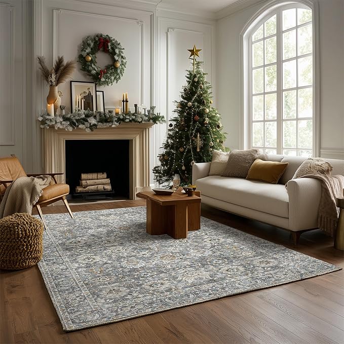 Washable Area Rugs 5'x7' Non-Slip Vintage Boho Distressed Fade Resistant Low Pile Carpet for High-Traffic Living Room, Bedroom & Dining Room