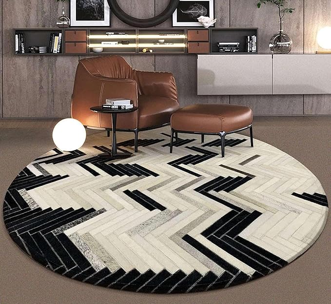 Round Cowhide Faux Leather Area Rug 3×3 ft – Black & White Modern Chevron Pattern Low Pile Carpet with Non-Slip Wool Backing, Soft Durable Living Room & Bedroom Accent Rug