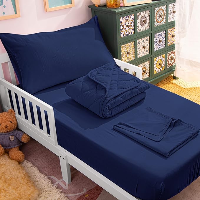 NTBAY Toddler Bedding Set - 4 Piece Soft and Breathable Crib Bedding Set for Boys and Girls, Includes Quilted Comforter, Fitted Sheet, Flat Top Sheet and Envelope Pillowcase, Navy Blue