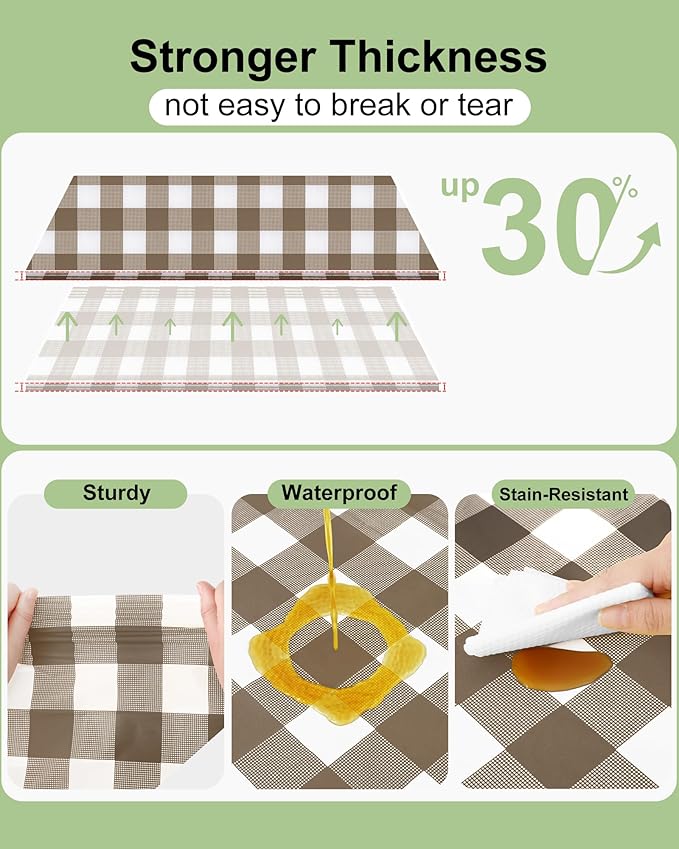 Smiry 20 Packs Gingham Disposable Table Cloth, 54 x 108 Inch Waterproof Plastic Tablecloth, Rectangle Brown and White Checkered Table Covers for Picnic, Birthday, Party