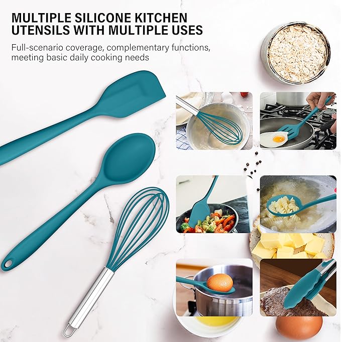 HaWare 11 PCS Silicone Cooking Utensils Set, Heat Resistant Kitchen Utensils with Holder, Food-grade Spatula Sets for Nonstick Cookware, Kitchen Tools Gadgets Include Fish Turner, Spoon (Blue)