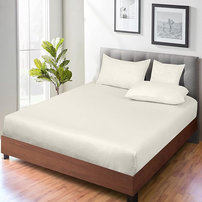ROYALE LINENS 300 Thread Count 100% Long Staple Combed Cotton Fitted Sheet King - Super Soft Deep Pocket Bottom Sheet - Fitted Sheets Only - Elastic Sheets (King, Cream)