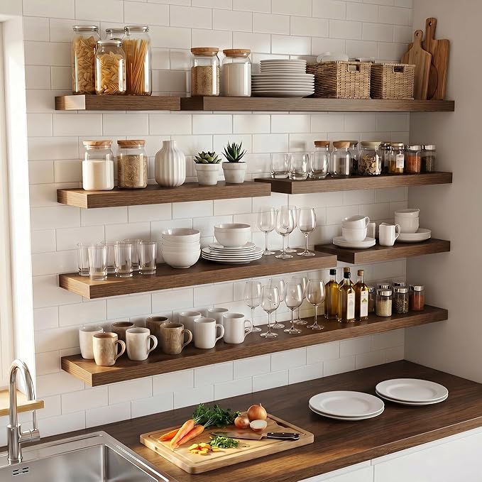 Venusmiles Floating Shelves for Wall, 20 Inch Floating Shelves Set of 2, 6.5" D Wooden Wall Mounted Display Shelves with Invisible Brackets for Living Room, Bedroom, Bathroom, Kitchen Decor, Walnut