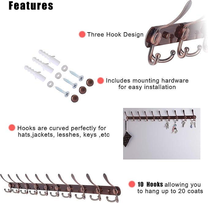 Dseap Coat Rack Wall Mount - 38” Long 10-Tri-Hooks Heavy Duty Coat Hanger Rail Wall Hooks for Hanging Coats Hats Clothing Clothes Purse Mudroom Entryway, Antique Copper, Pack of 2