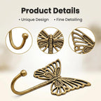 Indian Shelf 33 Lb. Solid Brass Butterfly Wall Hooks - Vintage Gold Decorative Hooks for Coats, Backpacks- Cute Heavy Duty Hangers for Kids Room, Entryway, Kitchen, Mudroom - Pack of 3