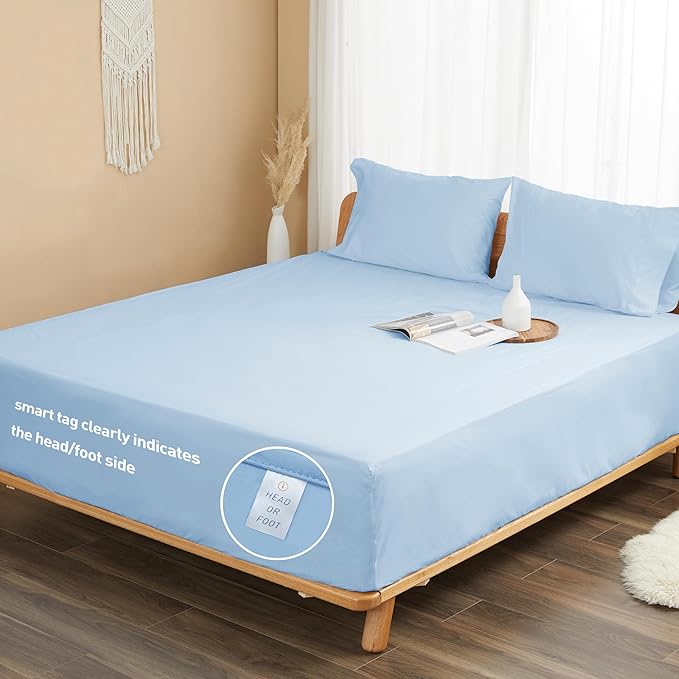 Sunflower King Fitted Sheet, 1-Piece Deep Pocket Fitted Bottom Sheet 16", 100% Cotton Sateen Soft Breathable, Powder Blue