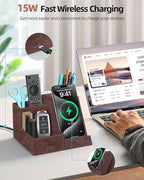 Wireless Charger with Desk Organizer, Pen Pencil Holder, Multifunctional Desktop Organizer, Office Supplies and Desk Accessories Organizer with 3 Compartments and 1 Phone Stand, Dark Brown