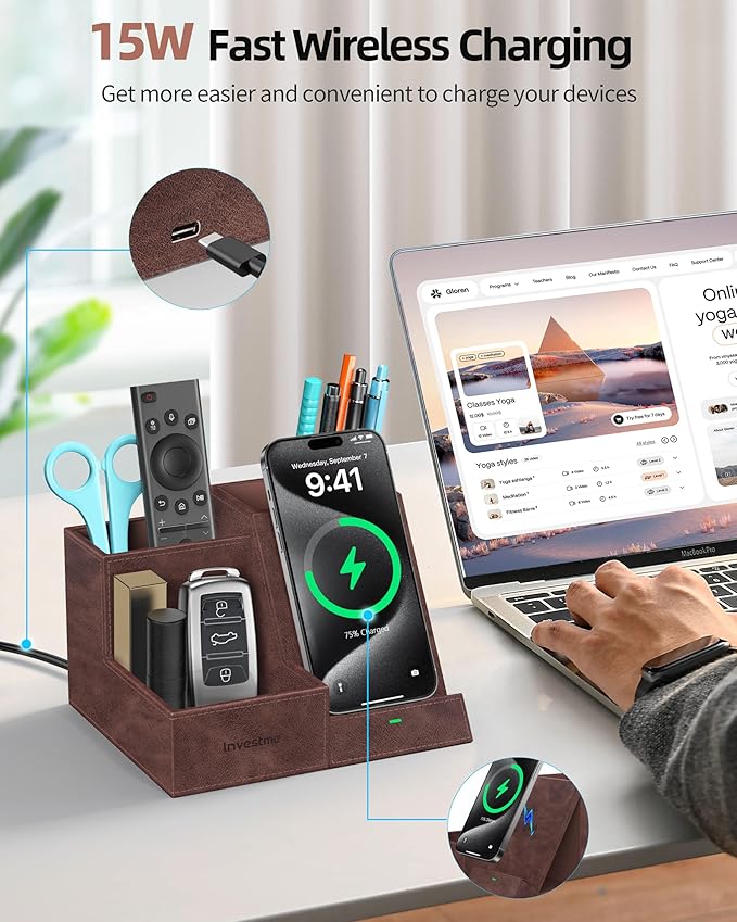 Wireless Charger with Desk Organizer, Pen Pencil Holder, Multifunctional Desktop Organizer, Office Supplies and Desk Accessories Organizer with 3 Compartments and 1 Phone Stand, Dark Brown