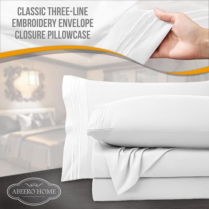 Queen Sheet Set - Luxury Hotel Bed Sheets - Soft Cooling Sheets with Elastic Corner Straps - Deep Pockets Microfiber Bedsheet - Bedding Sheet & Pillowcases - 4 Piece (Queen Size, White)