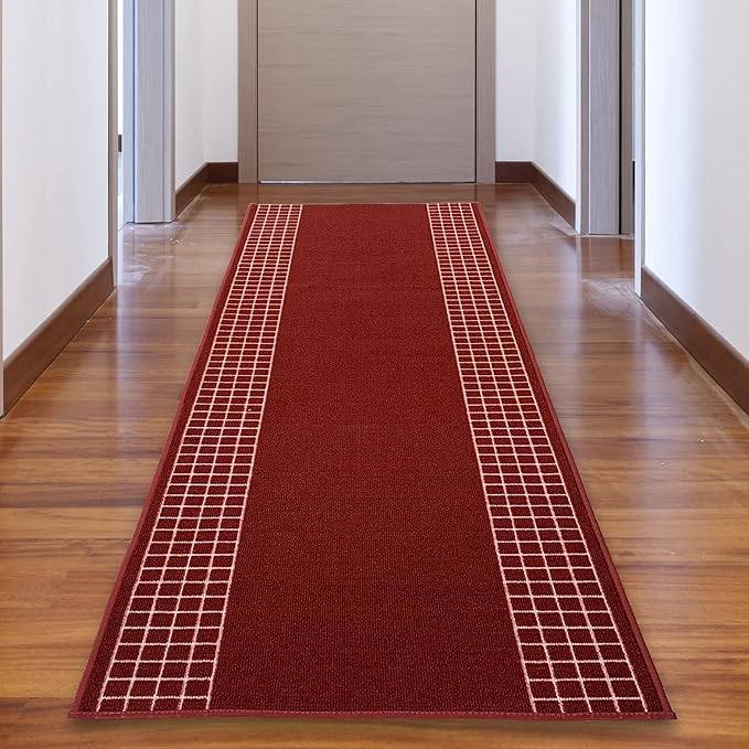 Custom Made Runner Rug for Kitchen Foyer Hallway Entry Choose Your Length 26 Inch Wide Geometric Checkered Design Red Color (16 feet x 26 inch)