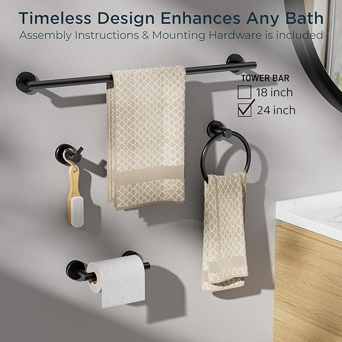 FORIOUS Bathroom Hardware Accessories Set, SUS304 Stainless Steel Towel Bar Set, Modern Towel Racks Holder for Bathroom, Toilet Paper Holder Wall Mounted 4 Pieces(24" Bar, Matte Black)
