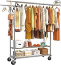 Simple Trending Heavy Duty Clothing Clothes Rack for Hanging, Rolling Double Rod Garment Rack Organizer with Wheels Load 620 LBS, Chrome