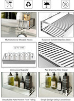 Bathroom Adhesive Shower Caddy Basket Shelf with Hooks, No Drilling Removable Bathroom Shelf Organizer,Stainless Steel Rustproof Shower Rack for Shampoo Storage, Sponge Holder-Silver