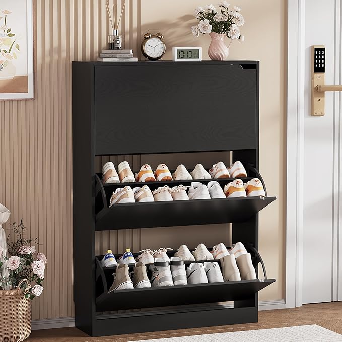 Shoe Storage Cabinet, Wood Shoe Organizer for Entryway with 3 Flip Drawers, Freestanding Shoe Rack with Adjustable Shelf, Narrow Shoe Dresser for Front Door Entrance(Black, 47.2" x 31.5" x 9.25")