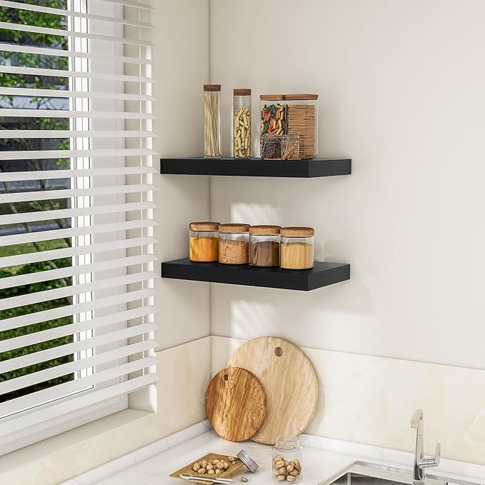 RICHFOCUS 16Inch Floating Shelves for Wall 2 Pack Shelves for Bedroom|Kitchen|Bathroom Wall Mounted Rustic Wood Floating Shelf with Invisible Brackets for Books|Storage|Decor, Black