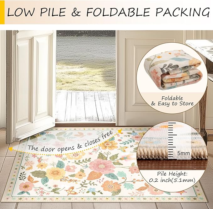 Floral 2x8 Area Rug Machine Washable Soft Print Boho Carpet Non Slip Doormat Low Pile Flower Area Rugs for Living Room Bedroom Nursery Kitchen Dining Room Indoor-Beige/White/Orange