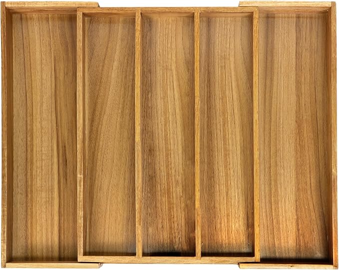 VaeFae Acacia Kitchen Silverware Organizer, Cutlery Drawer Organizer with 5 Compartments, Wooden Utensil Holder for Flatware and Cooking Tools
