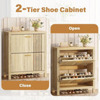 knoworld Shoe Storage Cabinet for Entryway with 2 Flip Drawers, 31.5" Narrow Fluted Shoe Organizer Cabinet, Slim Wooden Shoe Cabinet, Freestanding Hidden Shoe Cabinet for Entrance, Hallway (Natural)