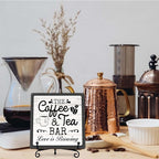 Coffee Bar Sign, Love is Brewing Farmhouse Tabletop Decor, Coffee and Tea Lover Gifts, 5x5 Wood Plaque with Iron Stand for Home Kitchen Cafe, Coffee Bar Decor – L08