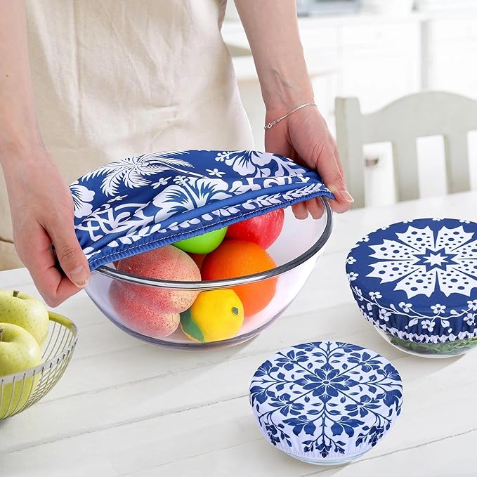 5 Pieces Bowl Covers Reusable, 5 Size Elastic Cloth Bowl Covers for Bread Proofing Stretch Food Covers Washable for Food Fruits Leftover (Blue Coconut Tree)