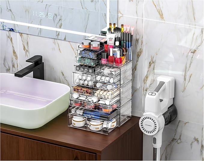 Cq acrylic Clear Make up Organizers for Vanity,Skincare Organizer With 13 Drawers for Dresser,Plastic Cute Desk Accessories Organization and Bathroom Organizers Storage Case Box for Beauty,Skin Care