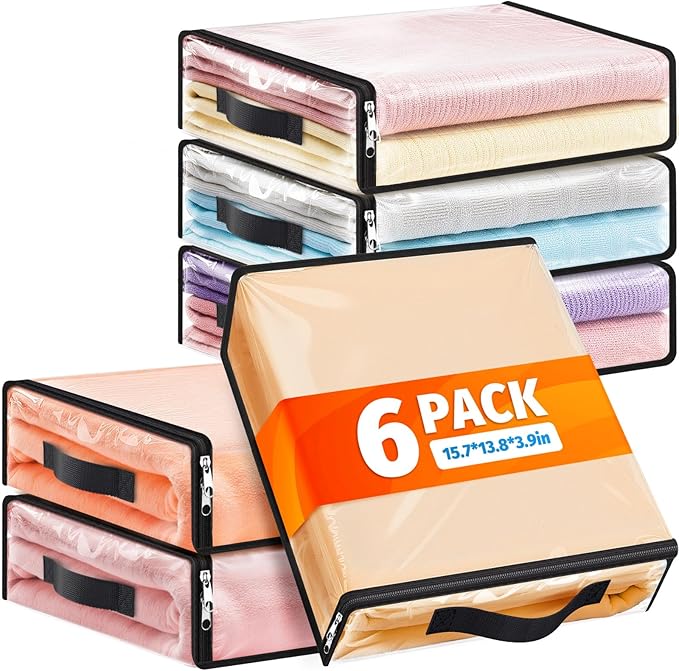 SpaceWhisper 6 Pack Clear Storage Bags, Plastic Blanket Storage Bags with Zipper and Handle, Moving Bags for Comforter, Bedding & Clothes, Closet Organizer and Under Bed Storage (15.7x13.8x3.9 Inch)