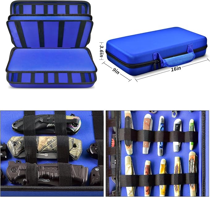 GWCASE Display Case for 66+ Pocket Knives. Folding Holder, Butterfly Storage Organizer, Roll Collection Pouch Carrier Bag for Survival Tactical Outdoor for EDC Mini Knife -Blue