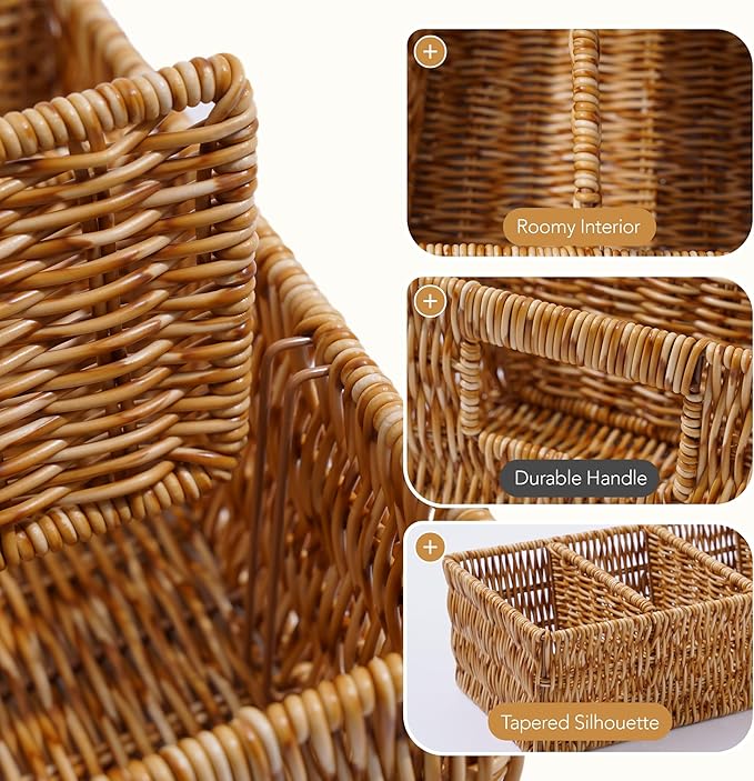 Nature-Inspired Rattan Pantry Organizer Baskets Set of 2 with 3 Removable Dividers – Handwoven Storage Bins for Kitchen or Bathroom Organization, Ideal for Snacks, Coffee & Tea (13” x 7.3” x 3.7”)