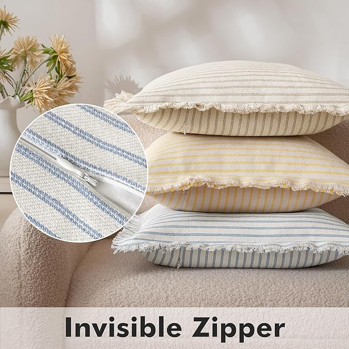MIULEE Pack of 2 Light Blue Pillow Covers 18x18 Inch Striped Farmhouse Couch Spring Throw Pillow Covers with Fringe Chic Cotton Decorative Cushion Covers for Sofa Living Room Bed Outdoor Home Decor